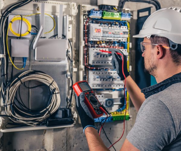 Man, an electrical technician working in a switchboard with fuses. Installation and connection of electrical equipment. Professional uses a tablet.
